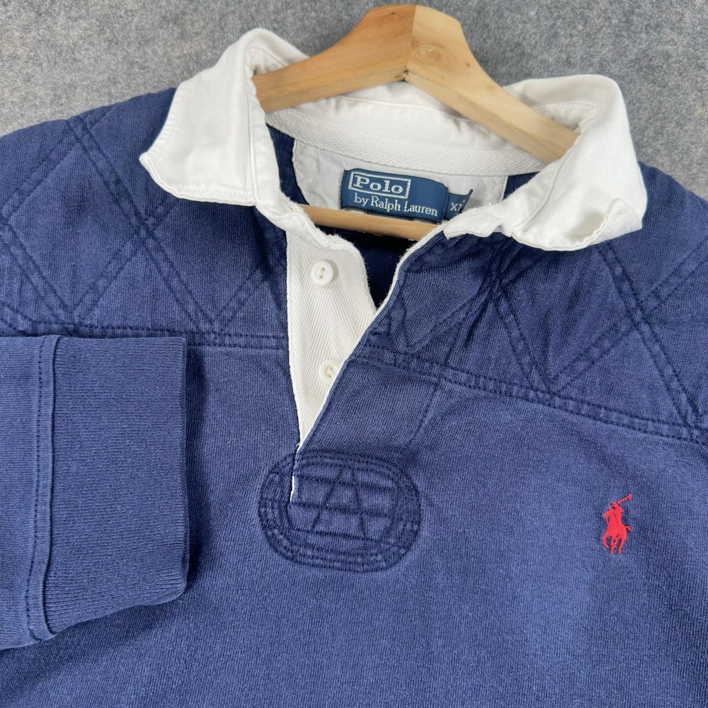 Polo By Ralph Lauren Rugby Shirt Mens 2XL Blue Quilted Elbow Patch Pony Logo